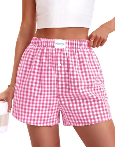 HONGTEYA Boxer Shorts for Women Casual Cotton Summer Pajama Shorts Women Gingham Plaid Shorts Y2k Beach Bottoms | Amazon (US)