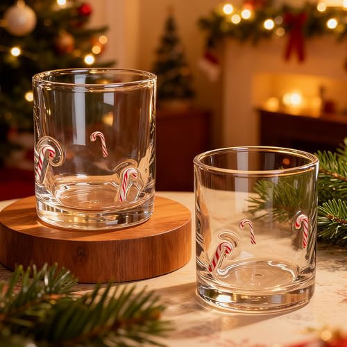Leafory 2 Pcs Handmade Christmas Candy Canes Icon Juice Glass Cup, 14 oz Double Old Fashioned Stemless Wine Cocktail Drinking Glass Cup for Holiday Party Supplies Xmas Gifts | Amazon (US)