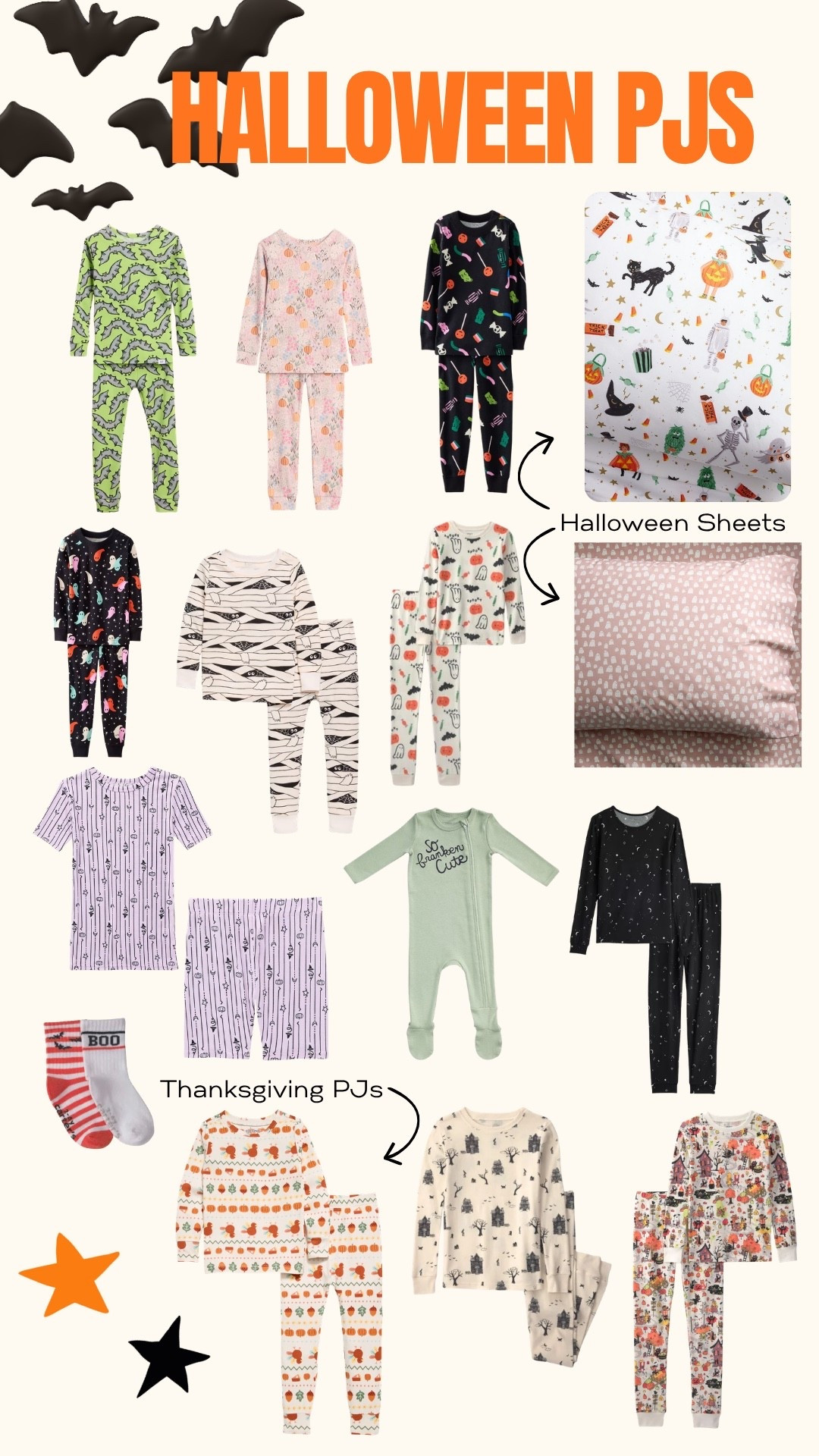 Halloween Pajamas for Kids. And Thanksgiving too! Plus fun spooky bed sheets. #halloween #pjs