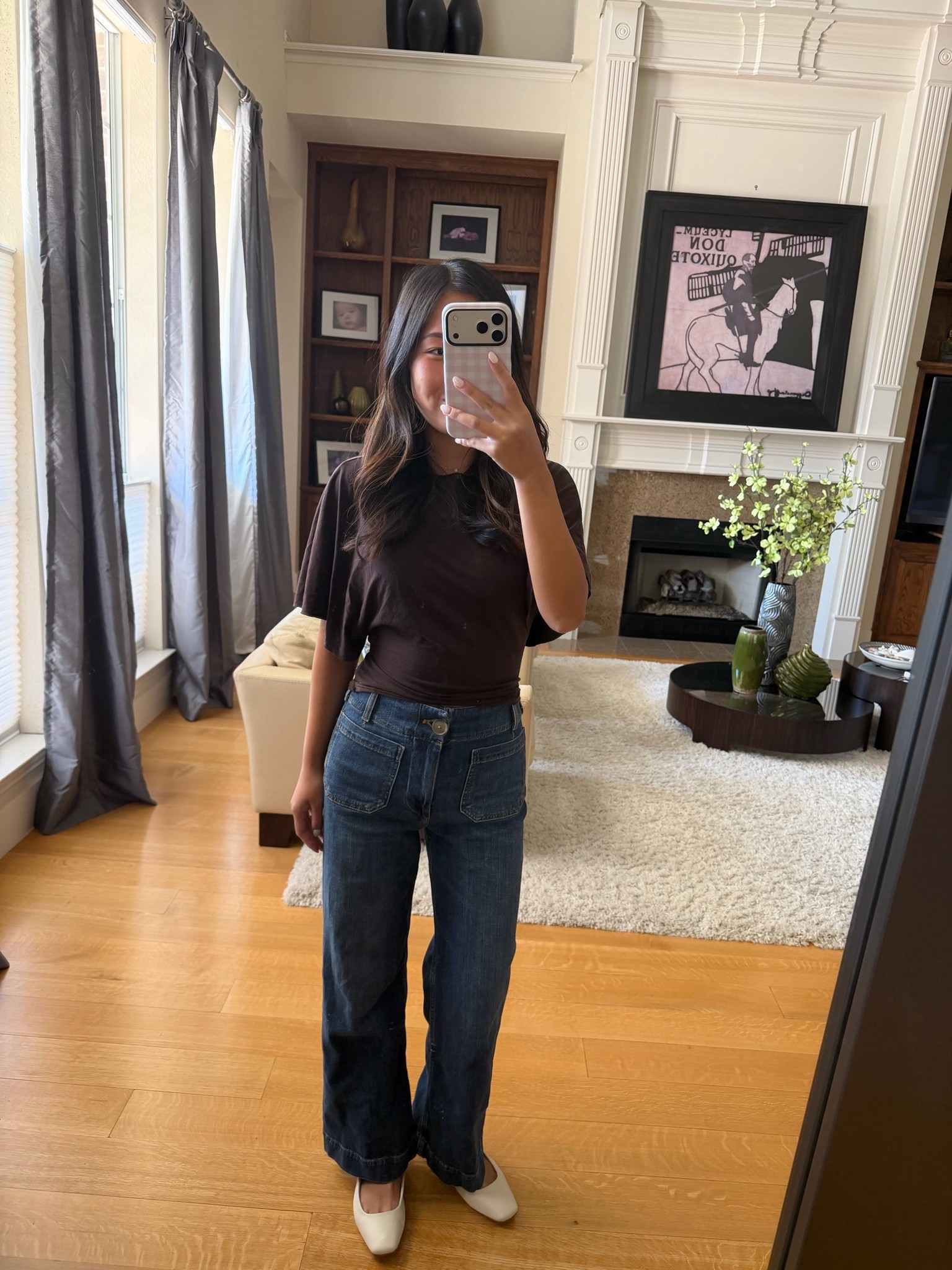 Top XS, jeans 24 petite