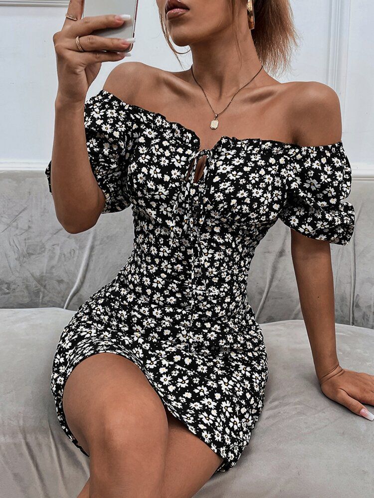 Ditsy Floral Off Shoulder Puff Sleeve Tie Front Bodycon Dress | SHEIN