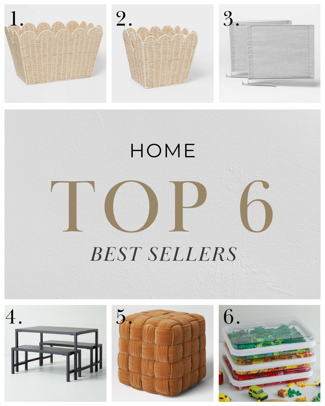 Here’s our top 6 best seller’s in home last week.  The kids, playroom, scallop storage baskets. Everyone can’t get enough of, my favorite shelf dividers for closet organization, the kids outdoor table we own in love, a great stool for extra seating around the coffee table, and the best small toy storage.

#PlayroomStorage #HomeOrganization #StorageBaskets #Stool #ToyStorage

#LTKFamily #LTKCyberWeek #LTKHome