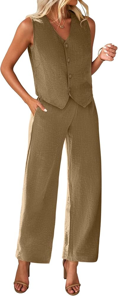 KIRUNDO Womens Two Piece Outfits Summer Fashion Button V Neck Crop Vest Blazer and Wide Leg Pants... | Amazon (US)
