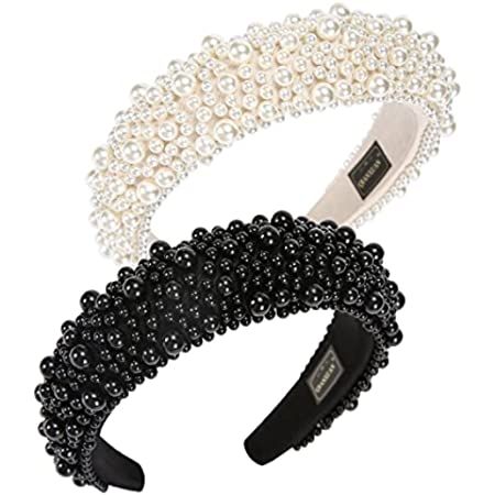 Pearl Headbands for Girls and Women, Plastic Wide Hair Hoop Band Embellish with Bling String Beads F | Amazon (US)