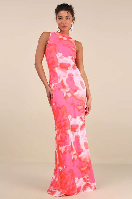 Telestia Hot Pink Abstract Mesh Mermaid Maxi Dress | Lulus