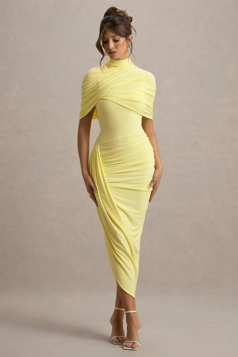 Enchant  Lemon Asymmetric Twisted Cape Maxi Dress | Club L London