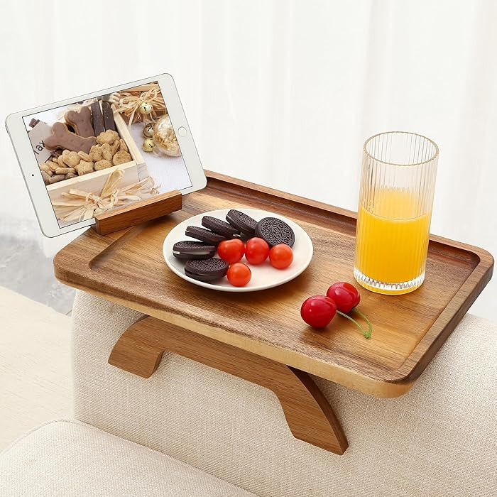 SINWANT Couch Arm Table, Acacia Wood Sofa Arm Rest Tables Couch Armrest Table with 360° Phone Ho... | Amazon (US)