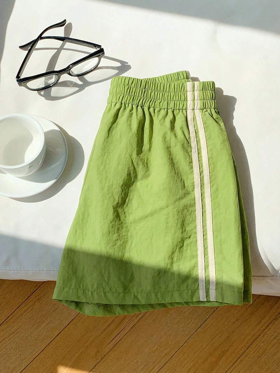 Comfortcana Women's Elastic Waist Side Striped Casual Active Shorts Vacation Green And White Summ... | SHEIN