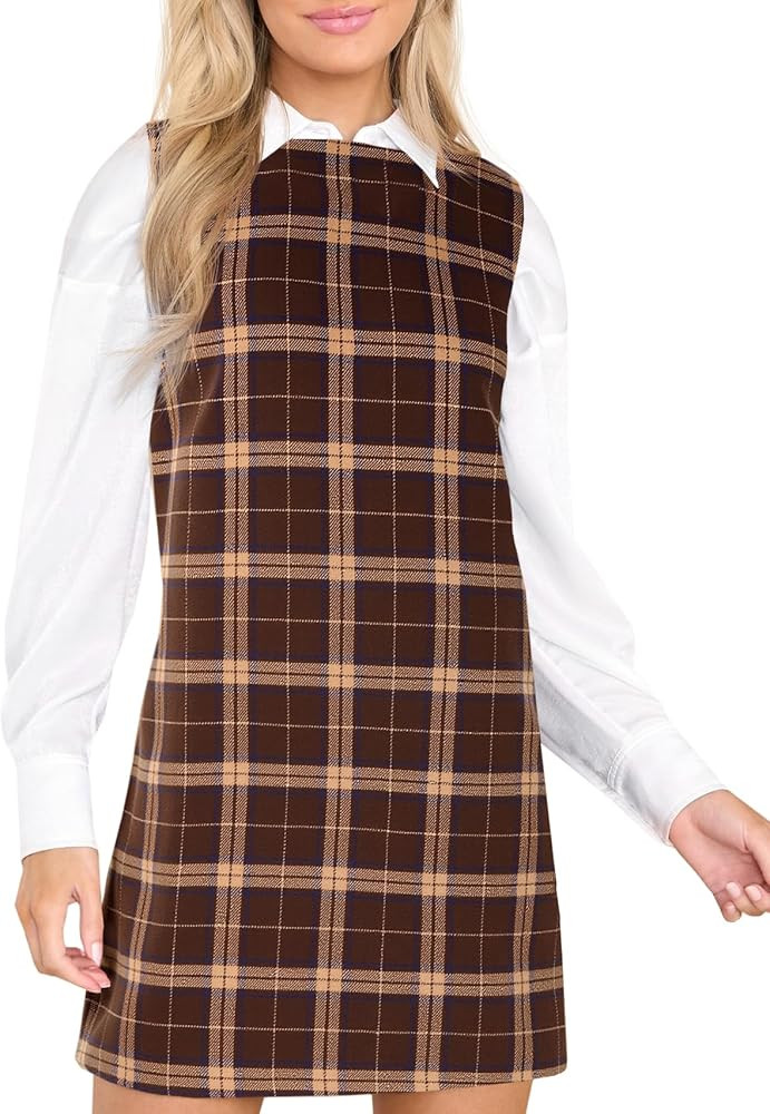 Wenrine Womens Plaid Overall Mini Dress Casual Sleeveless Round Neck A Line Short Fall Christmas ... | Amazon (US)
