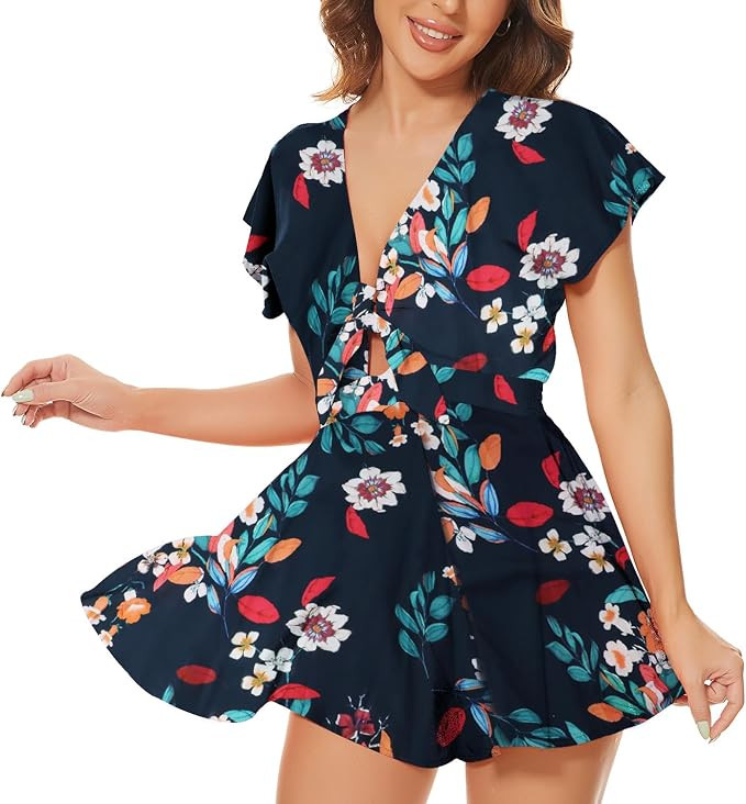 AGQT Women's Sexy V-Neck Self-Tie Front Romper Short Jumpsuit Playsuit Mini Outfit Dress Boho | Amazon (US)