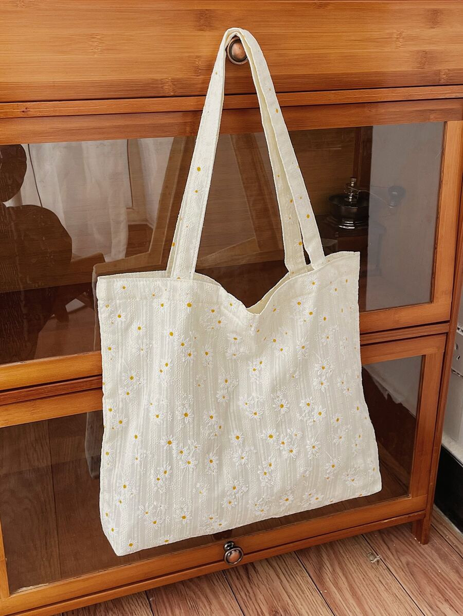 Handmade Daisy Flower Printed Canvas Shoulder Bags,Embossed Floral Handbag,Tote Bag Art,Casual To... | SHEIN