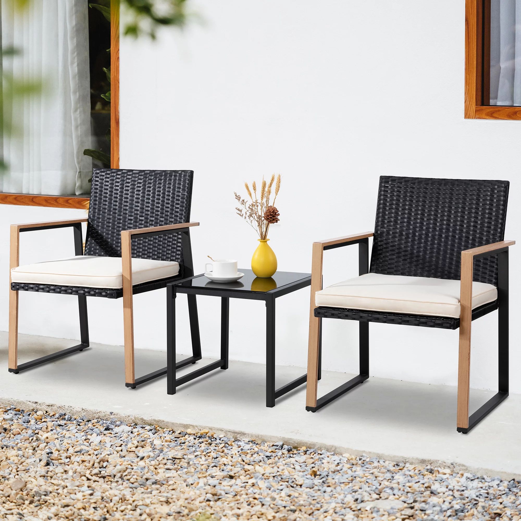 Sobaniilo 3 Piece Outdoor Bistro Set, Modern Black PE Wicker Patio Furniture Conversation Sets, 2... | Walmart (US)