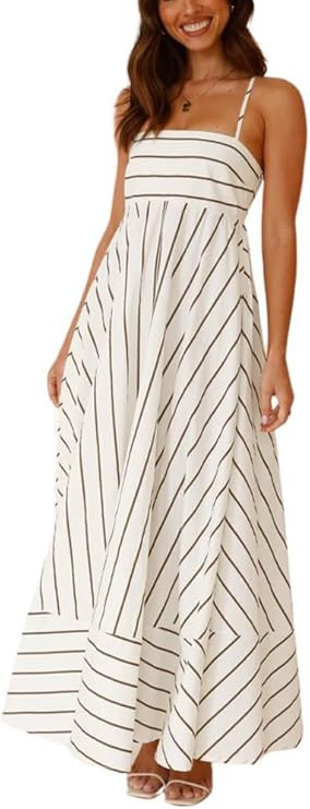 chouyatou Women's Summer Striped Spaghetti Strap Maxi Dress Boho Flowy Swing Back Smocked Beach S... | Amazon (US)