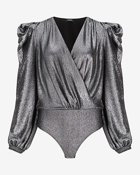 Metallic Draped V-neck Long Sleeve Thong Bodysuit | Express