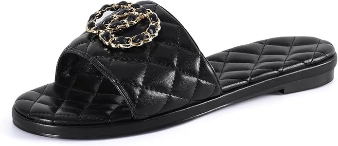 Flat Sandals for Women Black Slides Dressy Sandals for Women Elegant Quilted Memory Foam Comforta... | Amazon (US)