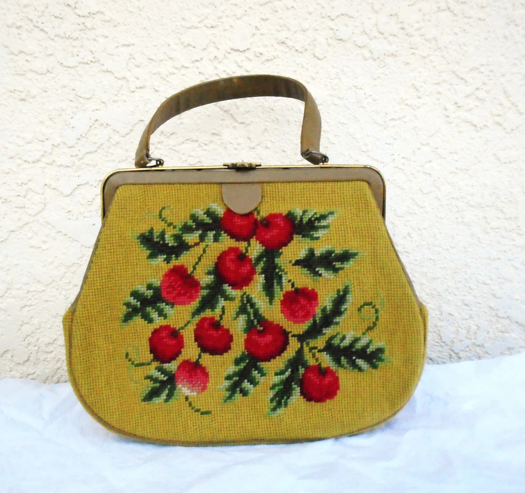 FREE Shipping..........Vintage large needlepoint hard frame purse with Cherrys | Etsy (US)