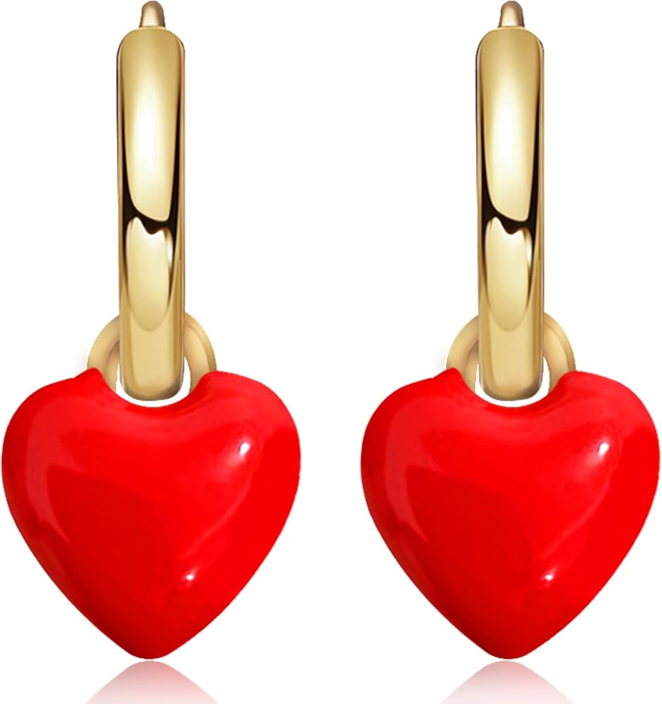 Trendy 14K Gold Love Heart Huggie Hoop Earrings Charms Dainty Red Enamel Dangle Drop Earrings for... | Amazon (US)