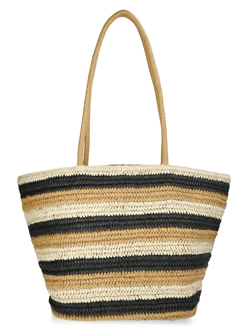 Time and Tru Women's Striped Straw Tote Bag, Natural | Walmart (US)
