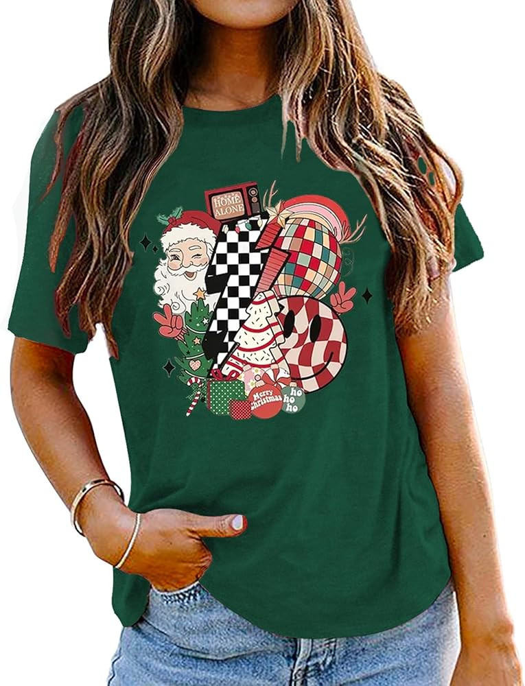 Merry Christmas Shirts for Women Santa Holiday Short Sleeve Tops Merry and Bright Shirt Holiday T... | Amazon (US)
