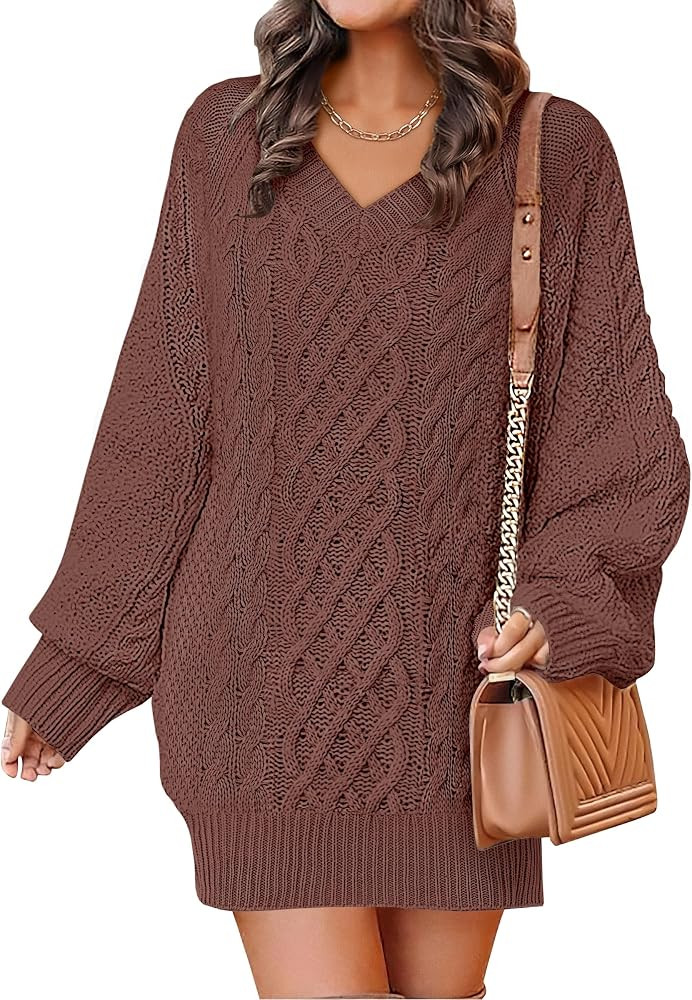 ANRABESS Womens Long Sleeve V Neck Oversized Cable Knit Mini Sweater Dresses 2025 Winter Fall Tre... | Amazon (US)