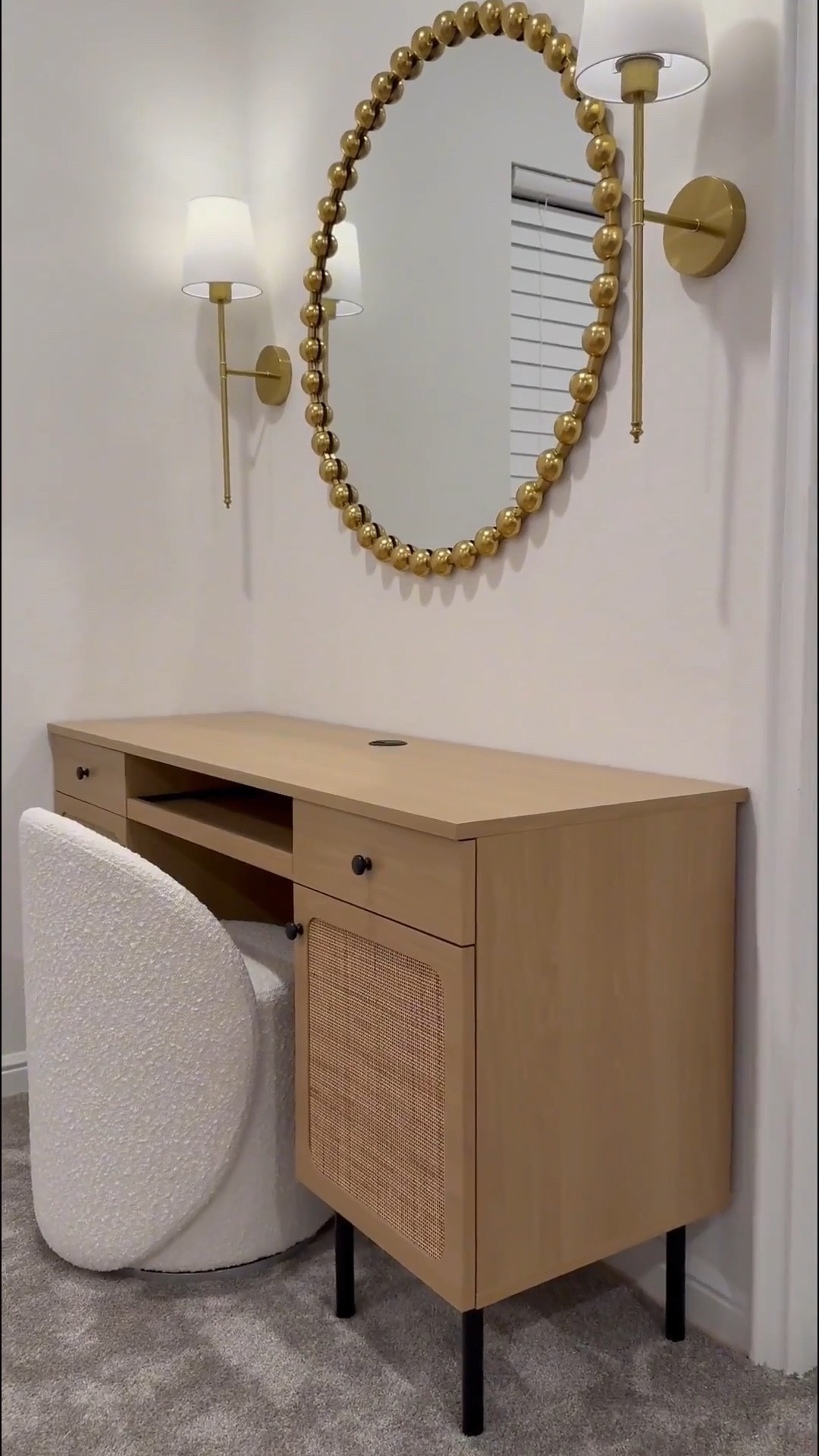 We found it! 😊 - The perfect desk  for smaller spaces….🤎 

It measures 55.5 inches in width & the wall is 57 inches. The mirror is 36x36 inches & the sconces are battery operated making them convenient to place anywhere! 🎉 …. Excited to share the rest of the room as we put it together 😊

#LTKStyleTip #LTKSaleAlert #LTKHome