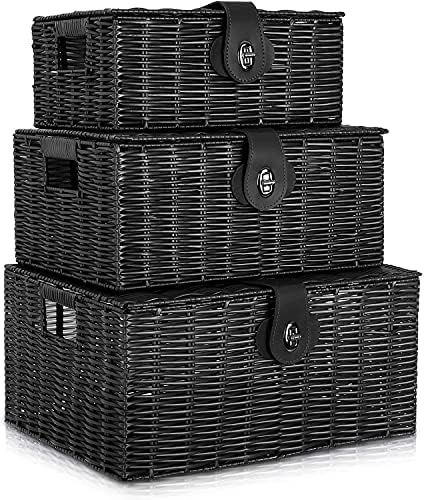 Homepeaz Set of 3 Woven Storage Basket Box Wicker Hamper Stackable Bin with Lid & Lock, Built-in Car | Amazon (US)