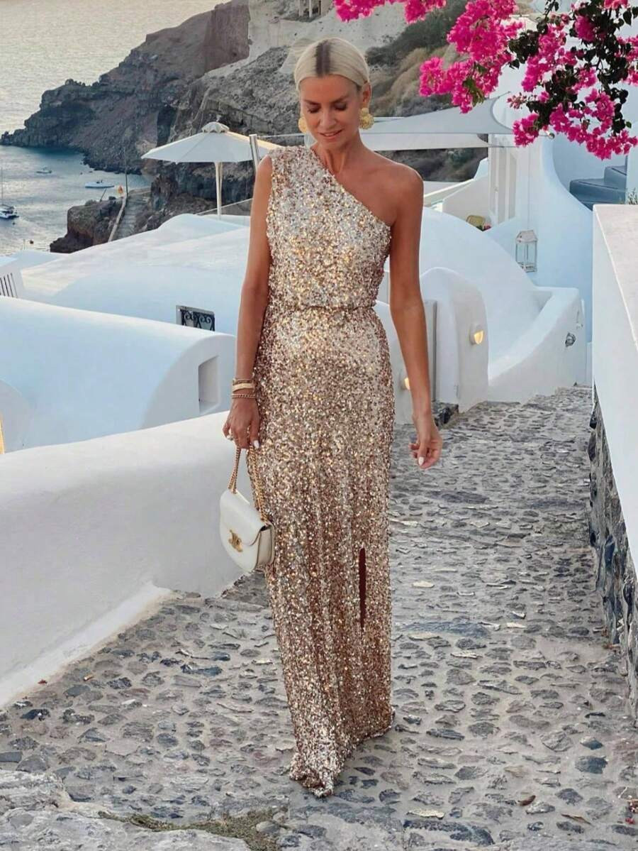 One Shoulder Sequin Side Slit Bodycon Maxi Dress Formal Evening Wedding Guest Gown | SHEIN