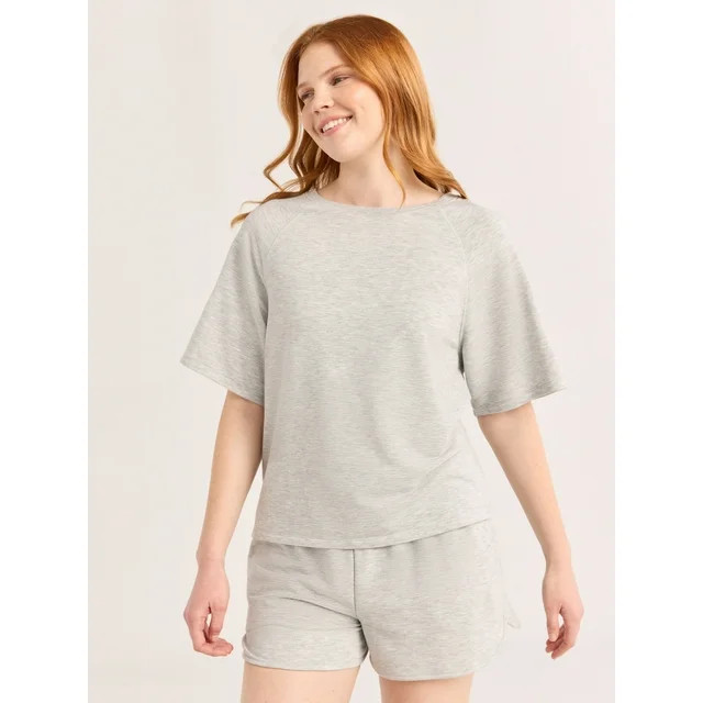 Joyspun Women's French Terry Short Sleeve Top and Shorts Set, 2-Piece, Sizes XS-3X | Walmart (US)