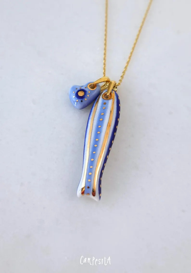 Porcelain Sardine Fish Necklace with Evileye Heart Pendant, Handmade Jewelry, Good Luck Charm | Etsy (Global)
