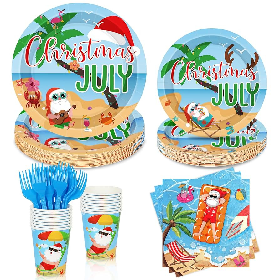 80Pcs July Christmas Party Supplies, Summer Beach Santa Dinner and Dessert Plates, Napkins, Cups ... | Amazon (US)