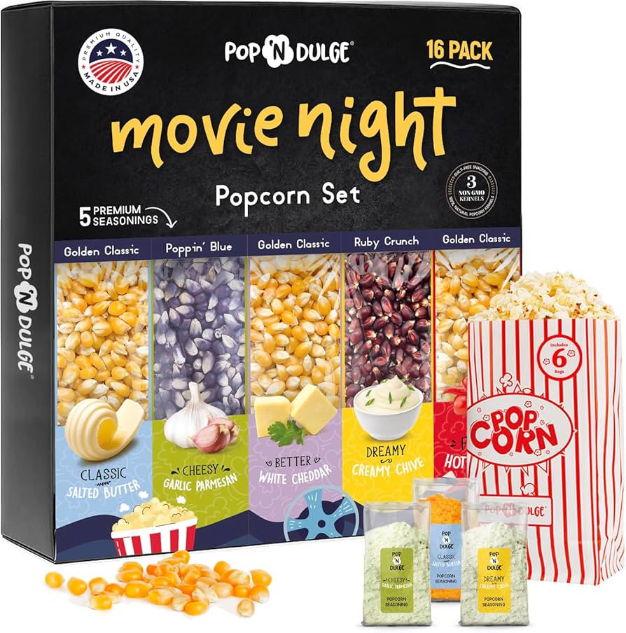 Pop n' Dulge Popcorn Movie Night Supplies 16 pcs Gift Set, 5 Gourmet Popcorn Kernels, 5 Seasoning... | Amazon (US)