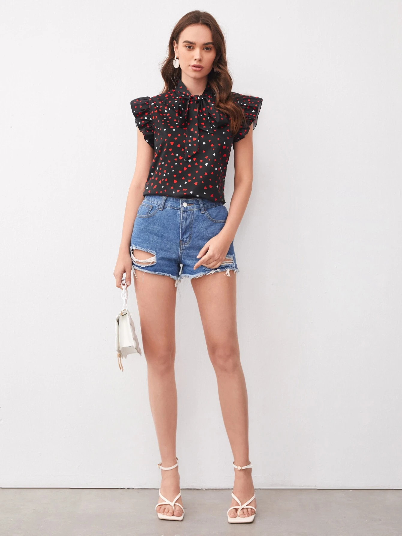 SHEIN Tie Neck Ruffle Armhole Heart Top | SHEIN