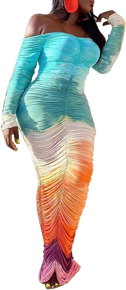 Famnbro Women's Sexy Off The Shoulder Long Sleeve Ruched Bodycon Maxi Dress Gradient Dresses | Amazon (US)