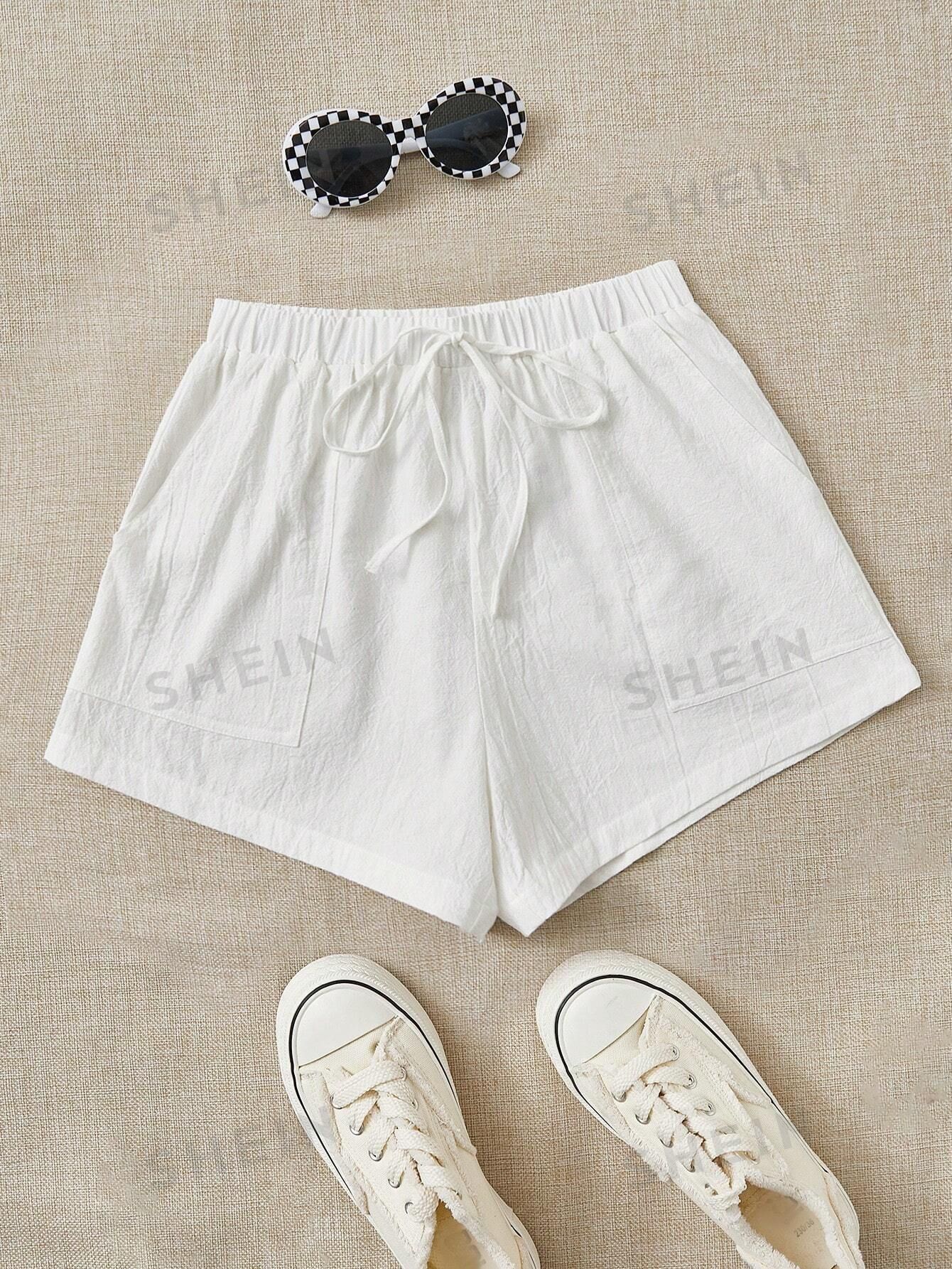 SHEIN EZwear Summer Loose And Casual White Tie Waist Slant Pocket Cotton And Linen Shorts | SHEIN