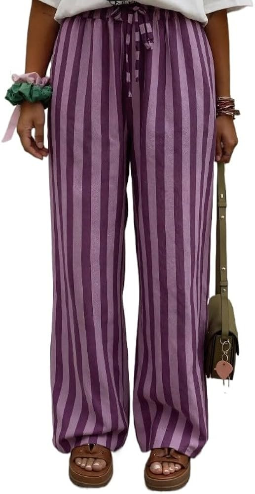 Women's Casual Striped lace up Wide Leg Pants Street Retro Y2K Loose high Waisted Pants with Pock... | Amazon (US)