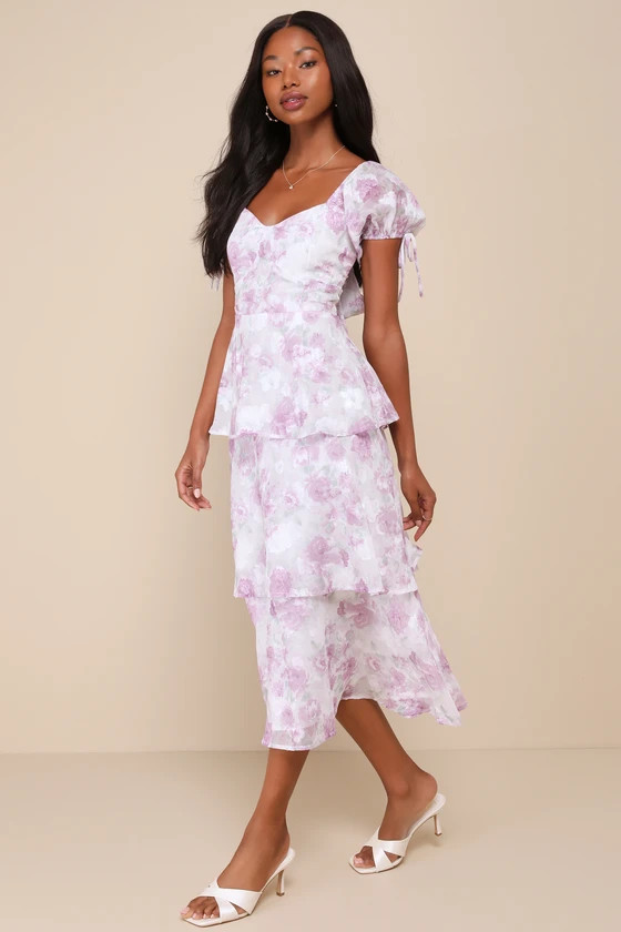 Exquisitely Lovely Purple Floral Bustier Tiered Midi Dress | Lulus