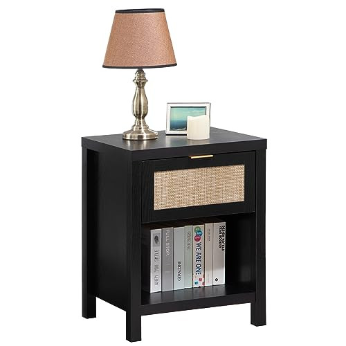 SICOTAS Rattan Nightstand, Farmhouse Night Stands with Drawer, Boho End Side Table for Bedroom, Small Space, Black Oak | Amazon (US)