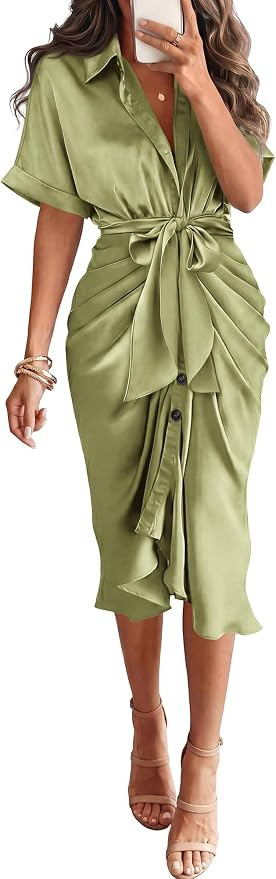 BTFBM Maxi Dresses for Women Business Casual Outfits | Short Sleeve, Button Down, Lightweight, Si... | Amazon (US)