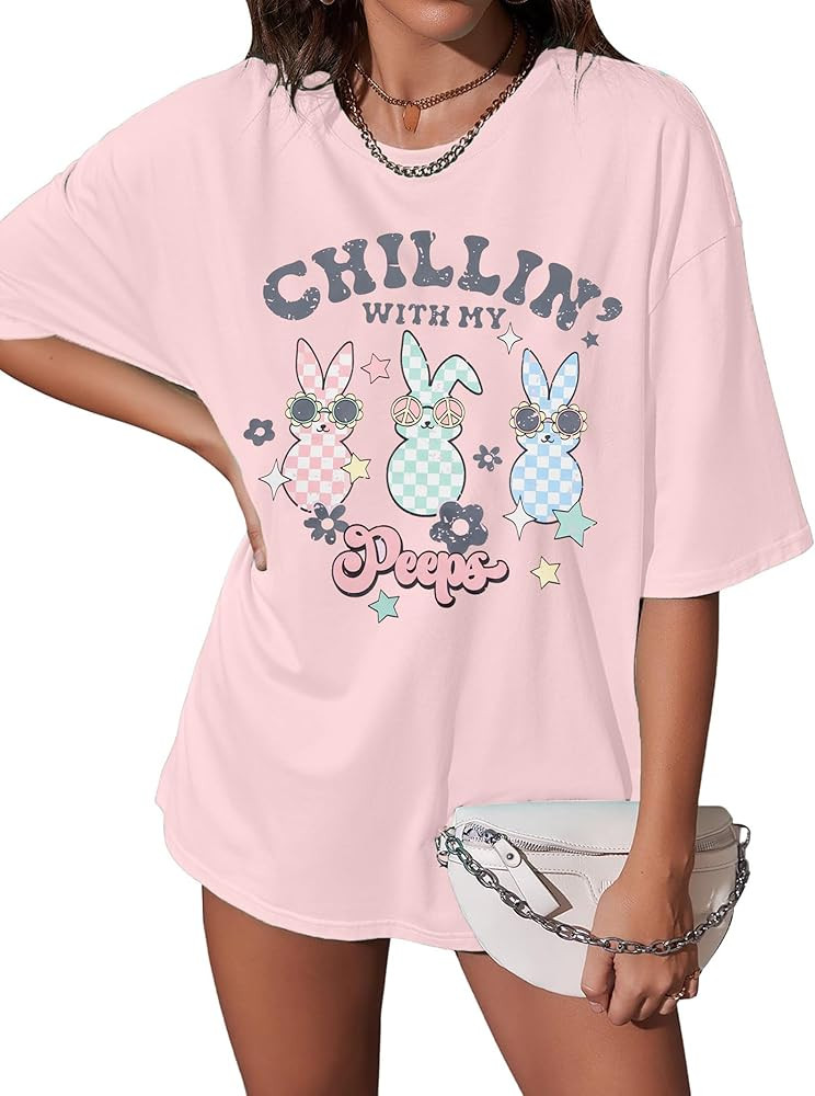 Easter Bunny Tshirt Women Peeps - Happy Easter Day Gift Chillin with My Peeps Tees Cute Bunny Gra... | Amazon (US)
