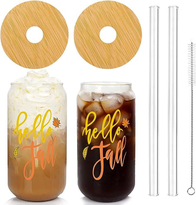 Beer Can Glass with Lids and Straw, ANOTION Iced Coffee Cup Reusable Drinking Jars Glasses Tumble... | Amazon (US)