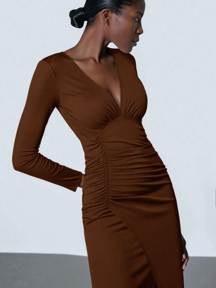 Vestido Marrón fruncido | SHEIN