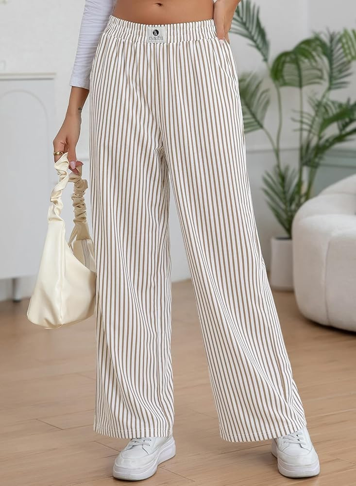 EVALESS Women's Striped Pants Spring Summer 2026 Comfy Pajama Pants High Waist Wide Leg Lounge Pa... | Amazon (US)
