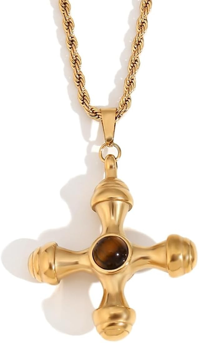 18K Gold Stainless Steel Cross Earrings Necklace Set with Tiger Eye Gemstone - Trendy Fashion Jew... | Amazon (US)