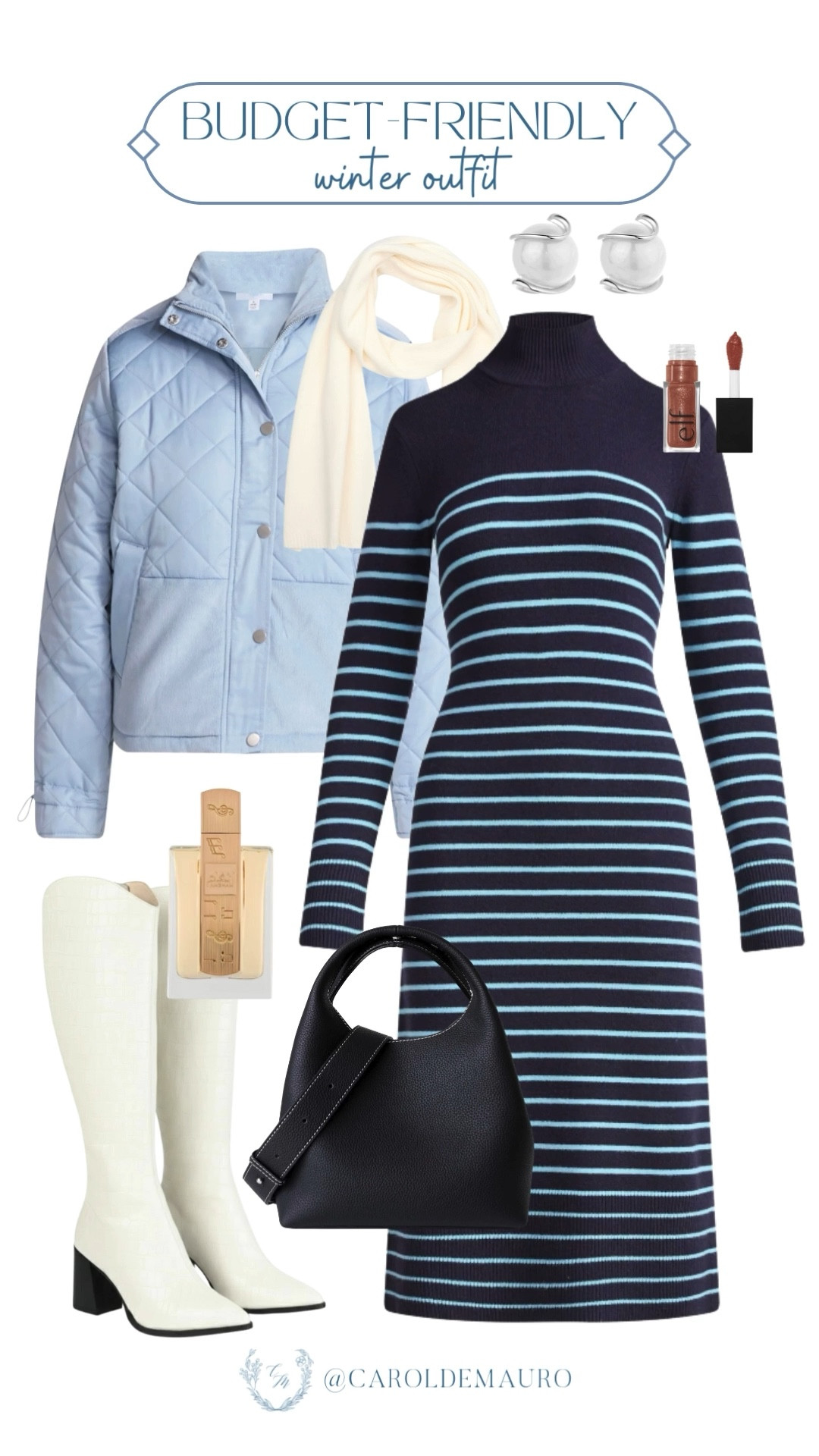 Winter outfit, but make it budget-friendly! Dress up a cute striped knitted blue dress layered with a pastel blue puffer jacket, cozy scarf, and white leather knee-high boots.

winter white, affordable style, outfit idea, wardrobe staples, cozy look, petite fashion, layering season, sweater weather, walmart

#LTKU #LTKSeasonal #LTKFindsUnder50