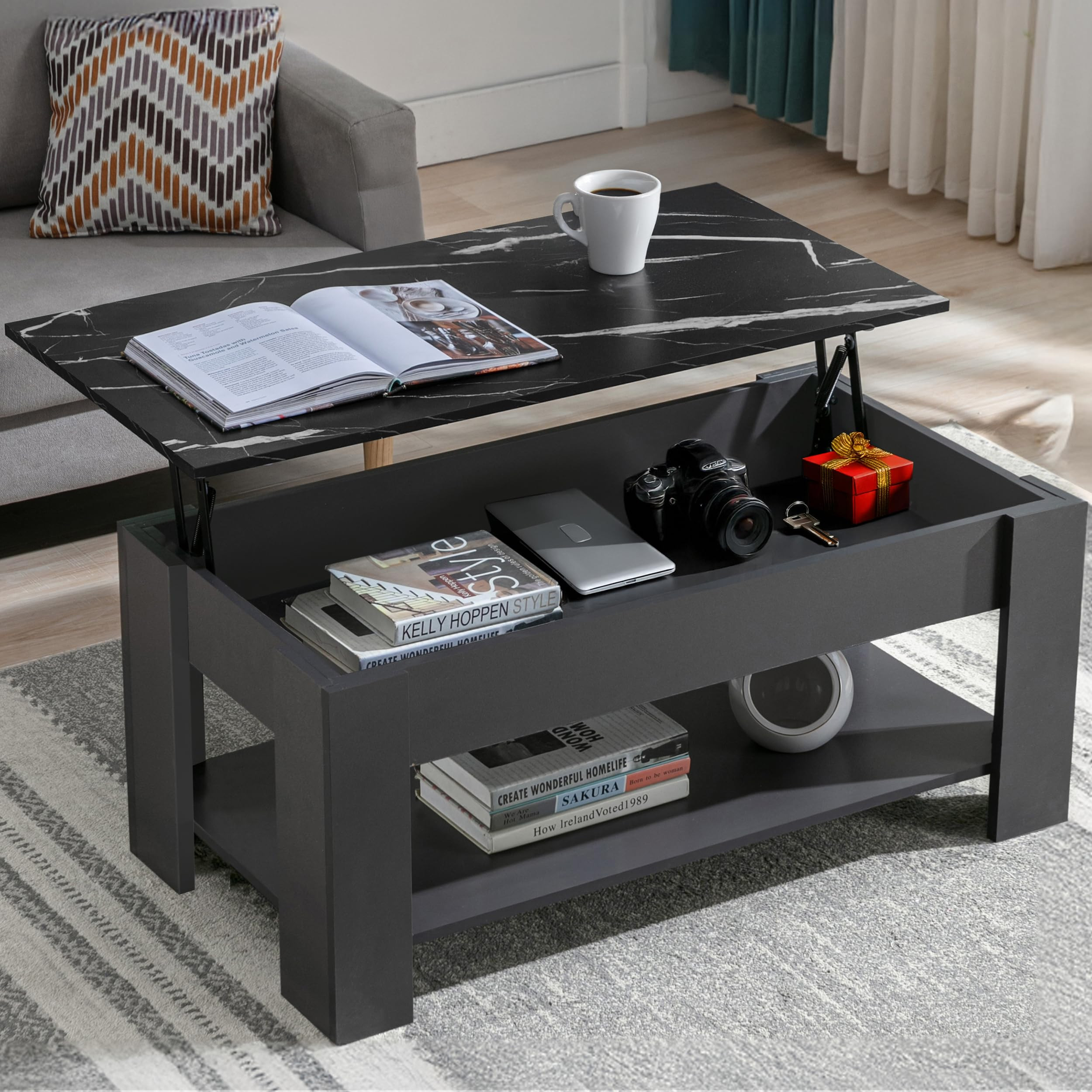 Coffee Table With Storage, Lift Up For Living Room, Wooden Tables 1 Shelf Large Hidden Storage Re... | Amazon (UK)