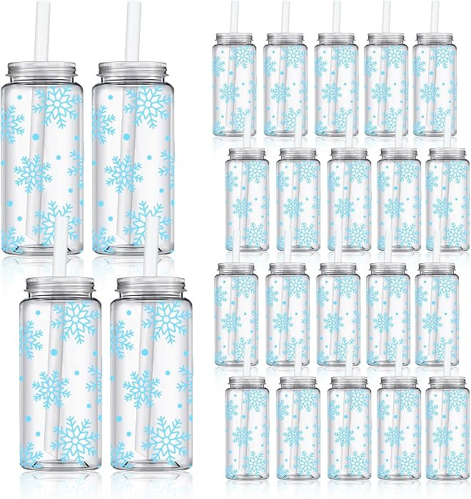 Whaline 20Pcs Winter Blue Snowflake Plastic Cups with Lids and Straws Clear Reusable Christmas Pa... | Amazon (US)