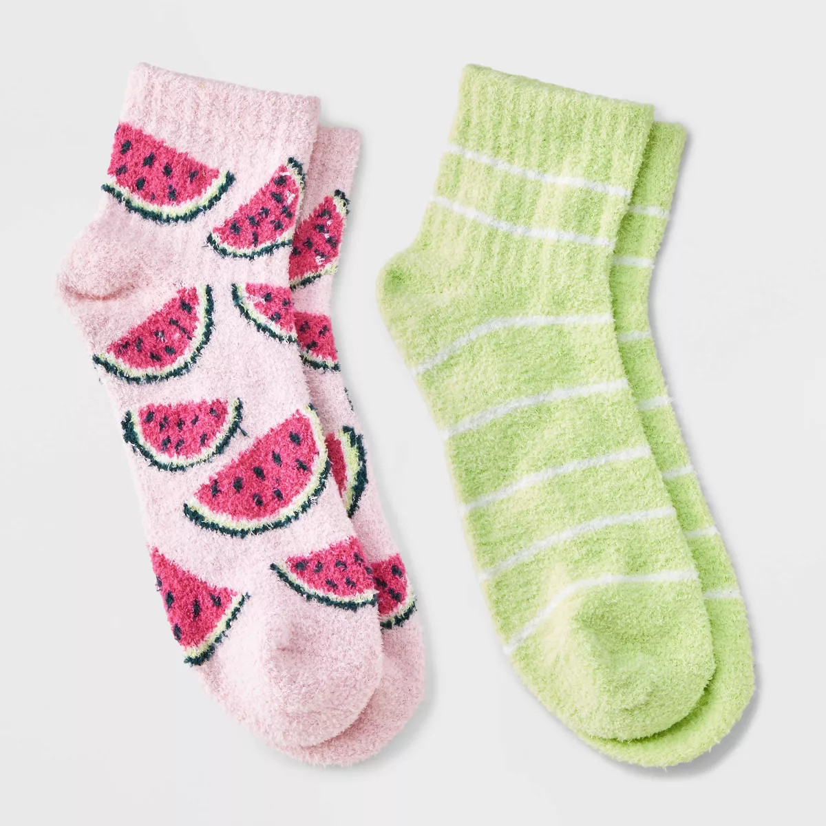 Women's Watermelon 2pk Cozy Quarter Crew Socks - Pink/Green 4-10 | Target