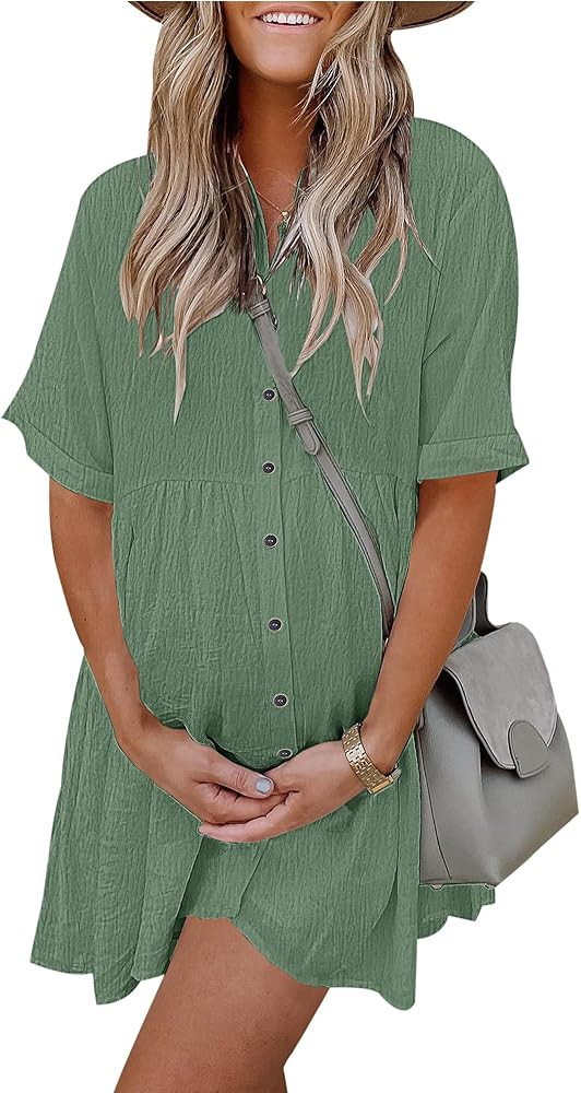 AUSELILY Women's Summer Babydoll Dress Casual Short Sleeve Sundress Button Down Dresses with Pock... | Amazon (US)