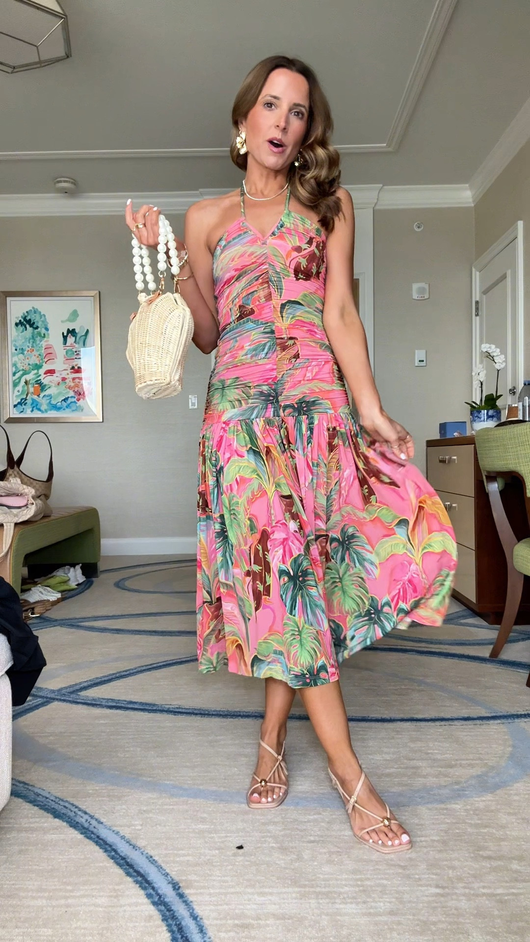 My Palm Beach dinner outfit. Farm Rio midi dress in XXS. Strappy neutral heels are TTS. Shell purse. Resort wear. Resort outfit. Vacation outfit. Vacation dress. Destination wedding. 

#LTKWedding #LTKootd #LTKTravel