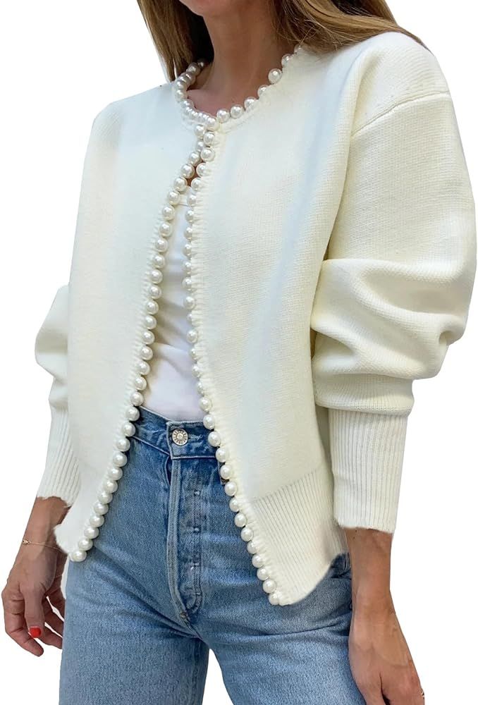 Kedera Womens Casual Cardigans Round Collar Pearls Beaded Open Front Knit Cardigan Elegant Long S... | Amazon (US)